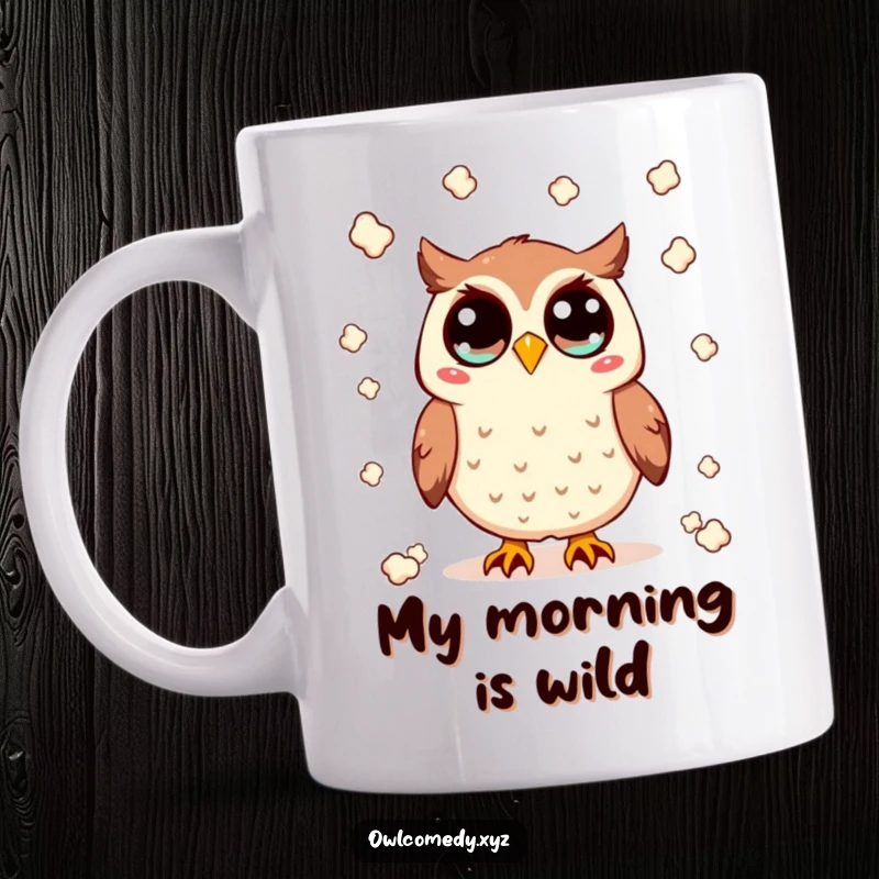 Funny Kawaii owl mug with wide eyes excitedly throwing popcorn in the air, capturing a moment of joyful snack chaos, a great gift.