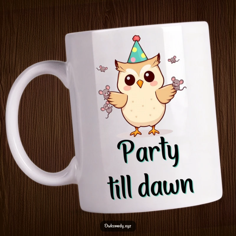 Funny Kawaii owl wearing a party hat, hilariously juggling tiny mice, a whimsical and humorous design perfect for gifting.