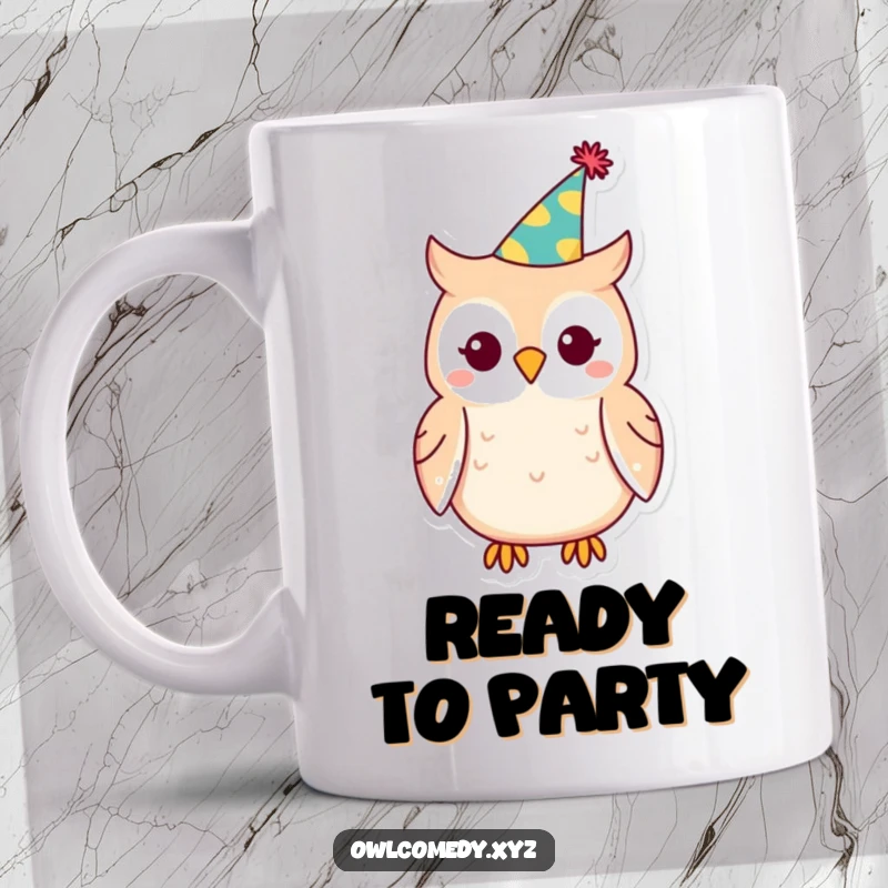 Funny Kawaii owl mug, owl wearing a small tilted party hat, festive, celebratory, cheerful, whimsical.