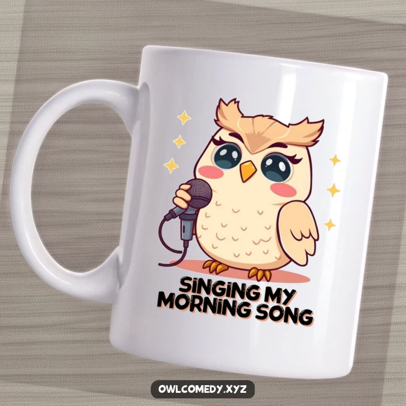 Funny Kawaii owl happily singing loudly into a microphone on this amusing and musical mug.
