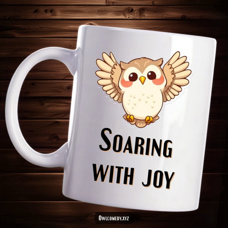 Funny joyful owl swooping with wide wings spread in flight on a mug, conveying happiness and freedom.