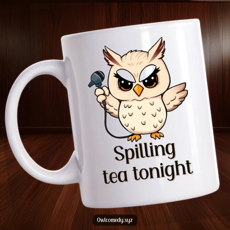 Funny owl mug featuring a winking owl holding a microphone aloft, perfect for performers and music lovers, a great funny gift.