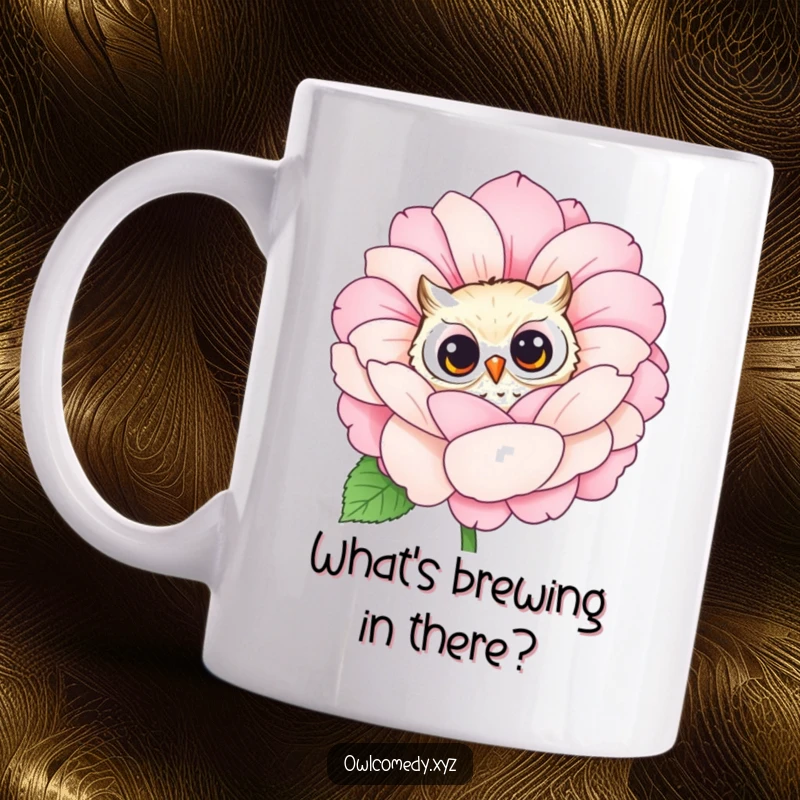 Funny owl peeking with curiosity from behind a large, vibrant blooming flower. A ceramic mug for nature lovers.
