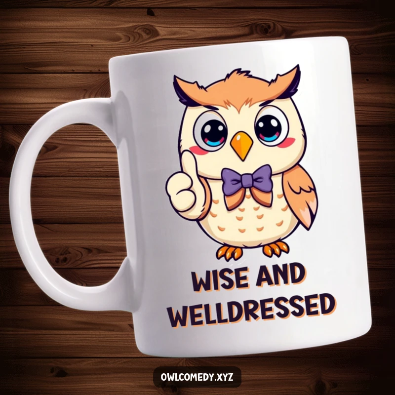 Funny smiling owl wearing a stylish bow tie, giving a clear thumbs up gesture, featured on this cheerful and humorous mug.