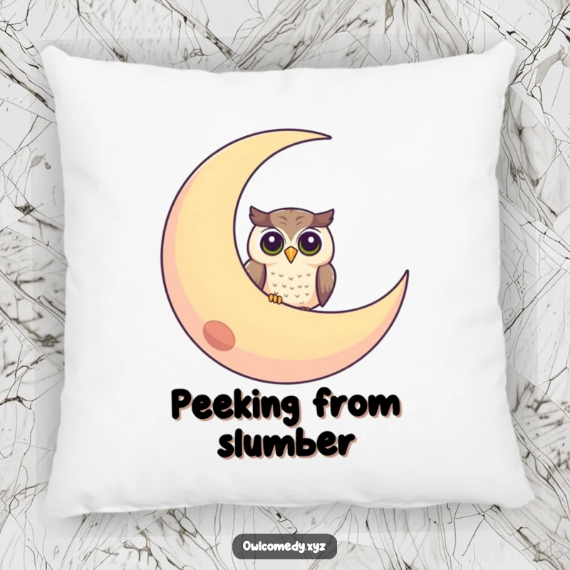 Funny pillow featuring a soft illustration of a curious owl peeking from behind a large, smiling crescent moon.