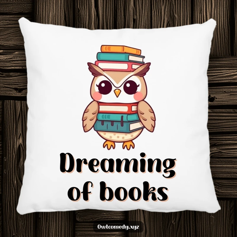 Funny Kawaii owl pillow featuring a cute owl balancing a stack of books on its head, perfect for adding cozy humor to any room.