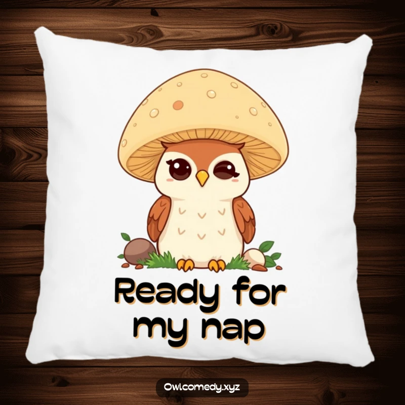Funny Kawaii Owl Pillow: Soft and cute winking owl behind mushroom, perfect for cozy funny gift.