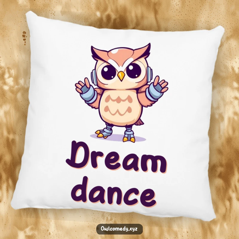 Funny Kawaii owl pillow featuring a cute owl doing the robot dance with energetic, robotic motions, adding comfort and humor.