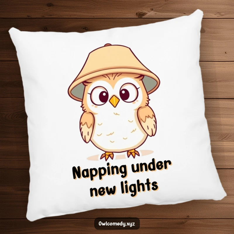 Funny pillow featuring a surprised owl wearing a lampshade hat, perfect for adding a touch of humor and comfort.
