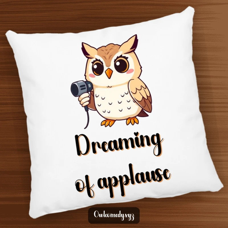 Funny pillow featuring a smiling owl holding a microphone, providing humorous comfort and a star-quality decorative touch.
