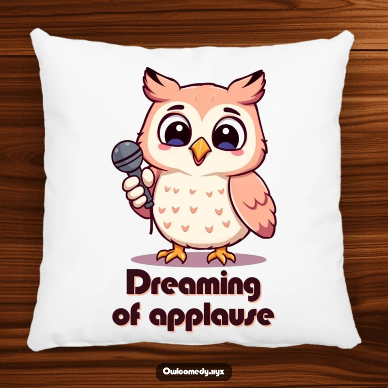 Funny cheerful kawaii owl holding a microphone, head tilted, singing, pillow, cushion, music, cozy decor.