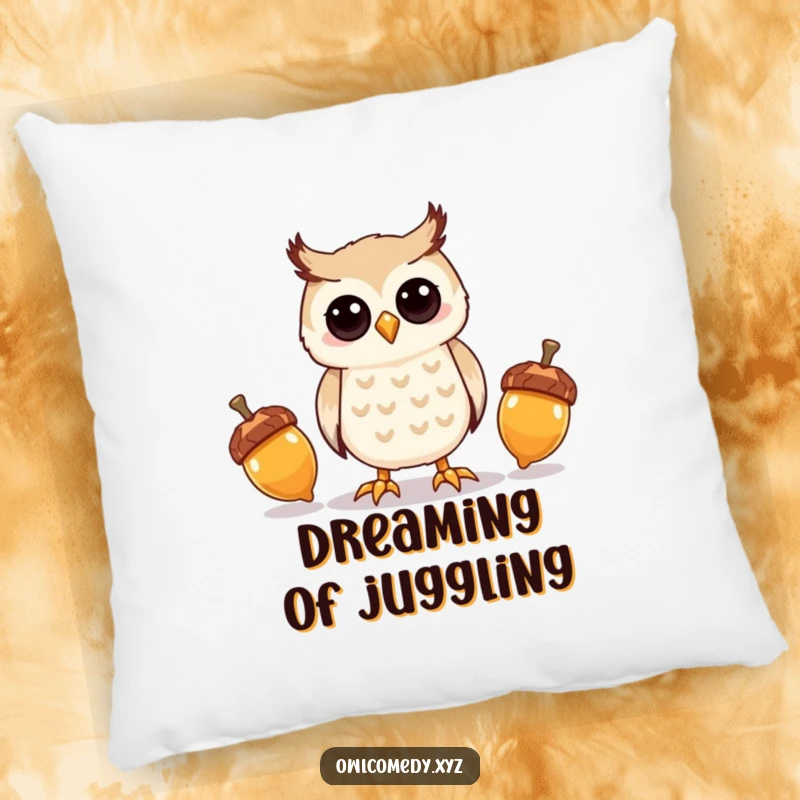 Funny kawaii owl juggling three shiny acorns, on a soft and humorous decorative pillow.