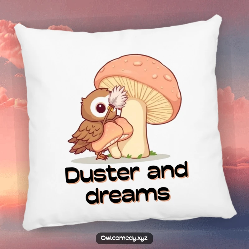 Funny pillow with an owl using a feather duster to playfully clean a giant mushroom, offering comfort and woodland humor.