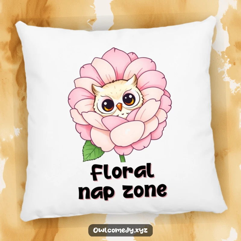 Soft pillow featuring a funny owl peeking curiously from behind a large, blooming flower. Ideal for nature-themed spaces.