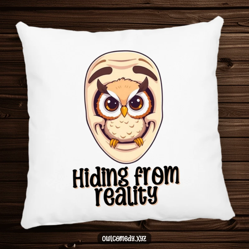 Funny curious owl peeking from a comedy mask, depicted on a soft and comfortable pillow for humorous home decor.