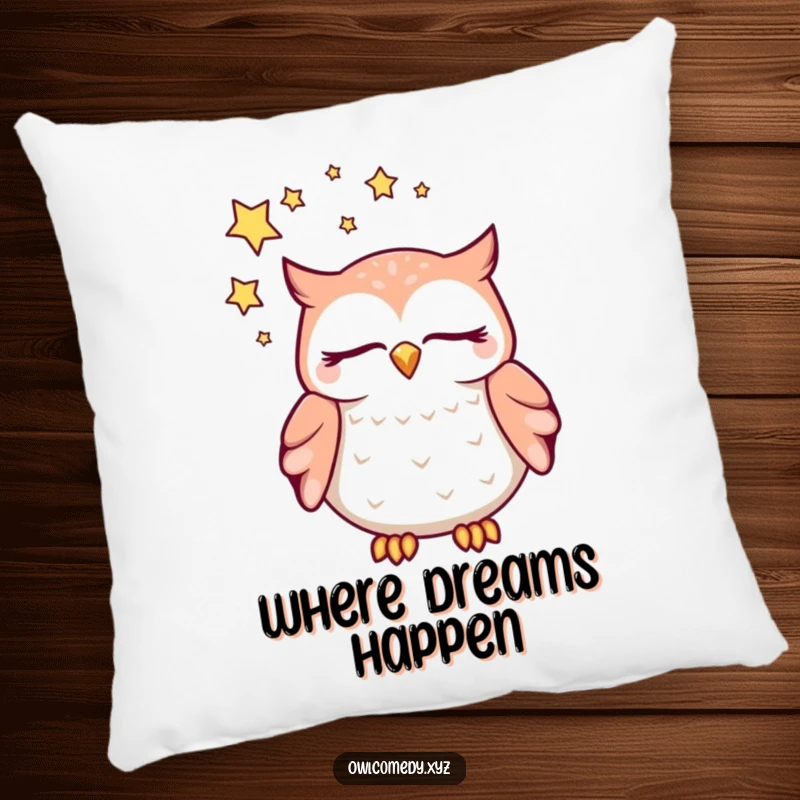 Funny dreaming kawaii owl pillow, with closed eyes and a swirl of stars above its head, a soft and humorous decorative cushion.