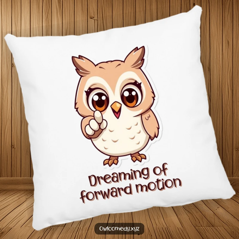Funny pillow showcasing an excited owl character with wide eyes, pointing forward, providing a soft and humorous decorative touch.
