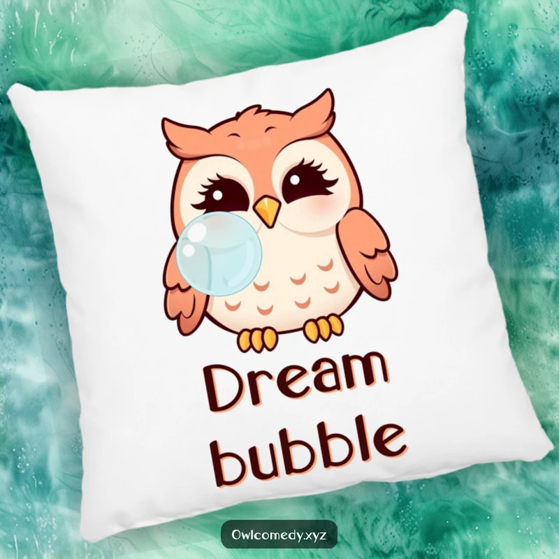 Funny Kawaii owl with puffed cheeks blowing a bubble, designed on a soft and decorative pillow.