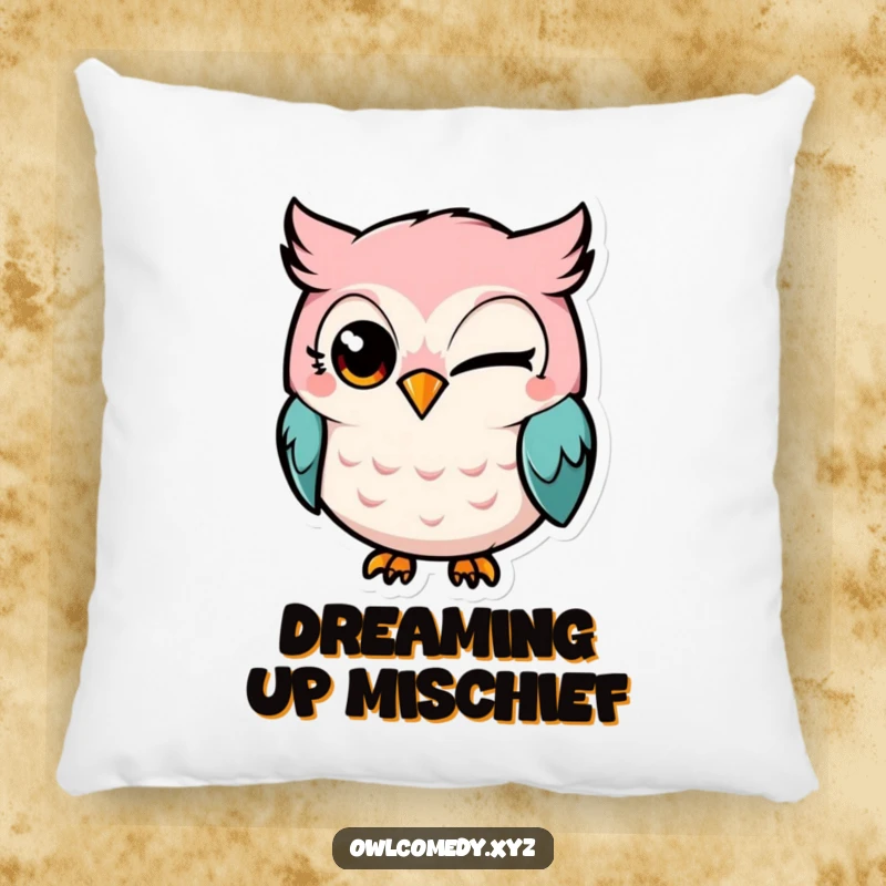 Funny Kawaii owl pillow, owl winking mischievously, soft cushion, playful decor, comfortable, humorous.