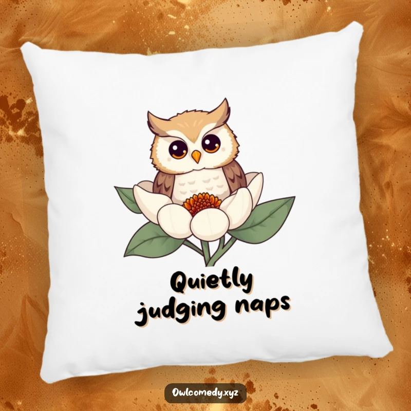 Funny owl pillow with a curious owl peeking from behind a flower, offering a soft and humorous decorative accent.