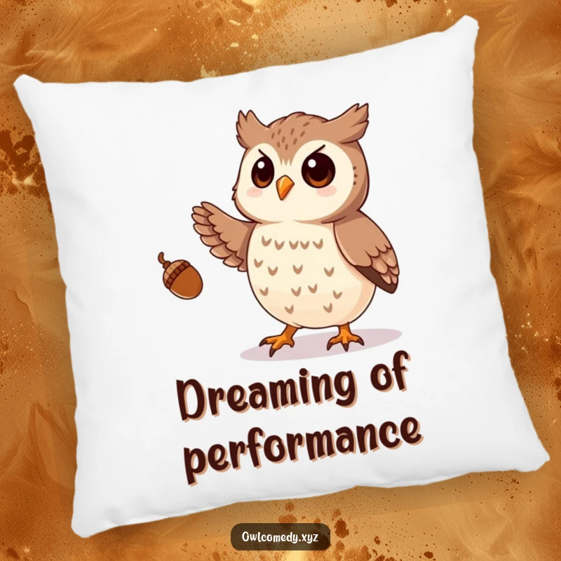Funny pillow showcasing a playful owl juggling acorns with its talons, providing a soft and humorous decorative touch.