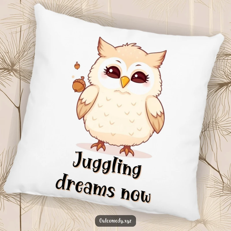 Funny pillow featuring a fluffy owl winking and juggling acorns, providing humorous comfort and a whimsical decorative touch.