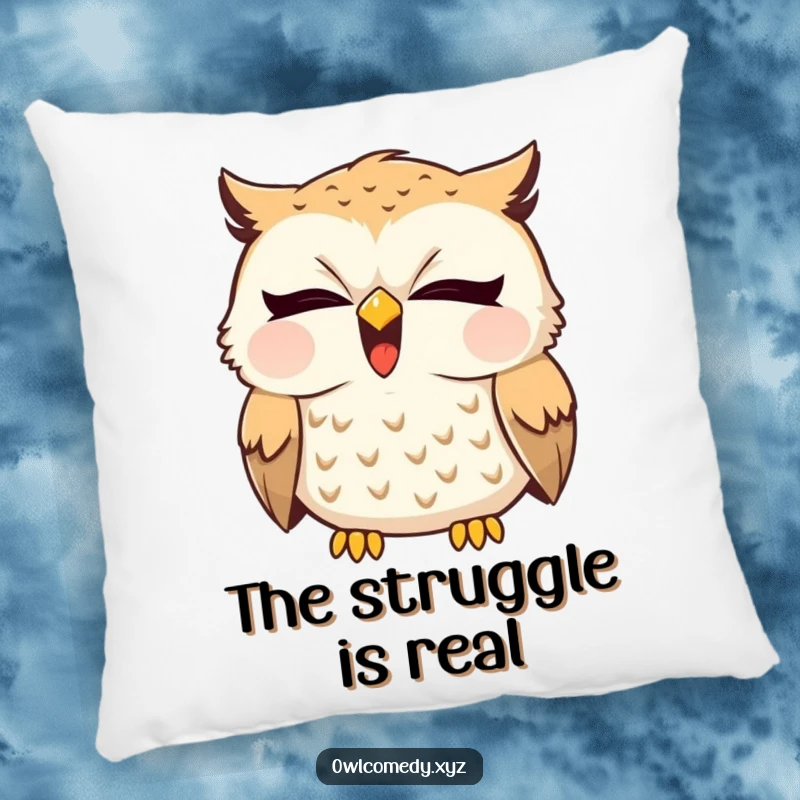 Soft pillow featuring a funny sleepy owl caught in a wide yawn with a hint of a giggle. Ideal for cozy spaces.