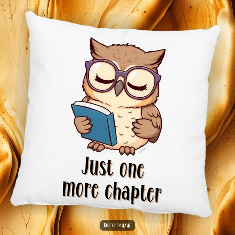 Funny pillow featuring a sleepy owl wearing oversized glasses, engrossed in a tiny book, offering comfort and bookish humor.