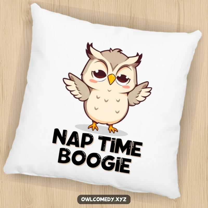 Funny Kawaii Owl Pillow with a goofy grin, doing a silly dance, soft and perfect for dancers.