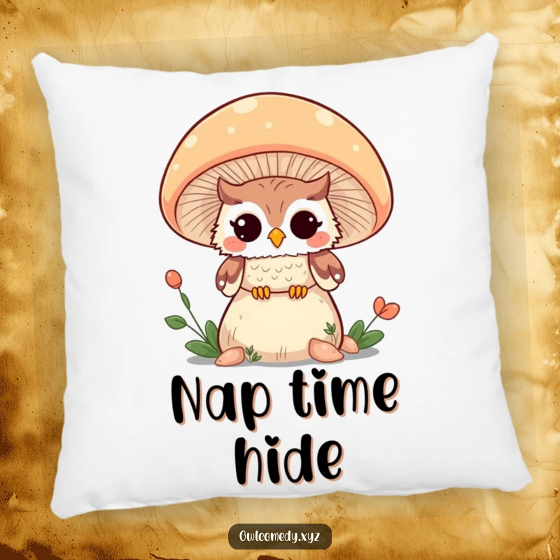 Funny Kawaii owl peeking and winking from behind a large mushroom, adorning a soft decorative pillow.