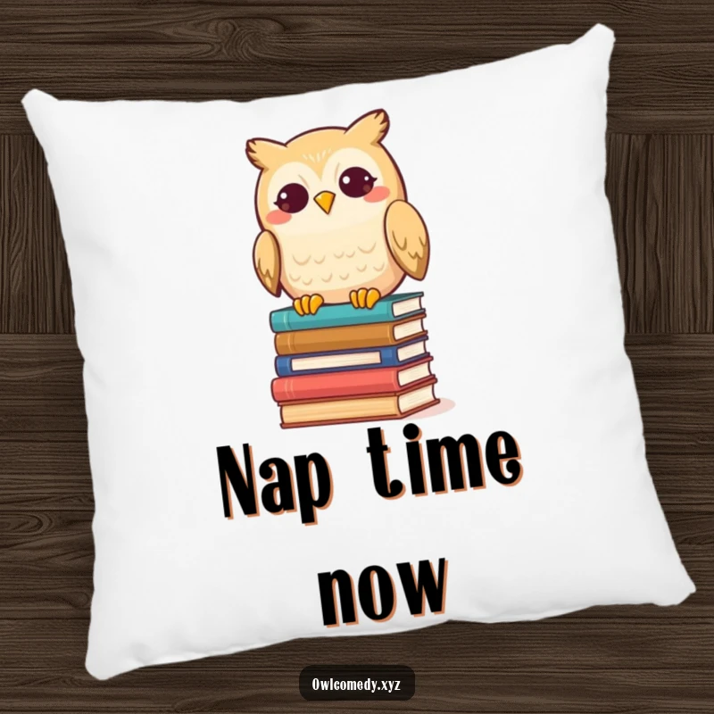 Funny Kawaii Owl Pillow, a happy owl toppling books, soft and humorous decor for book enthusiasts.