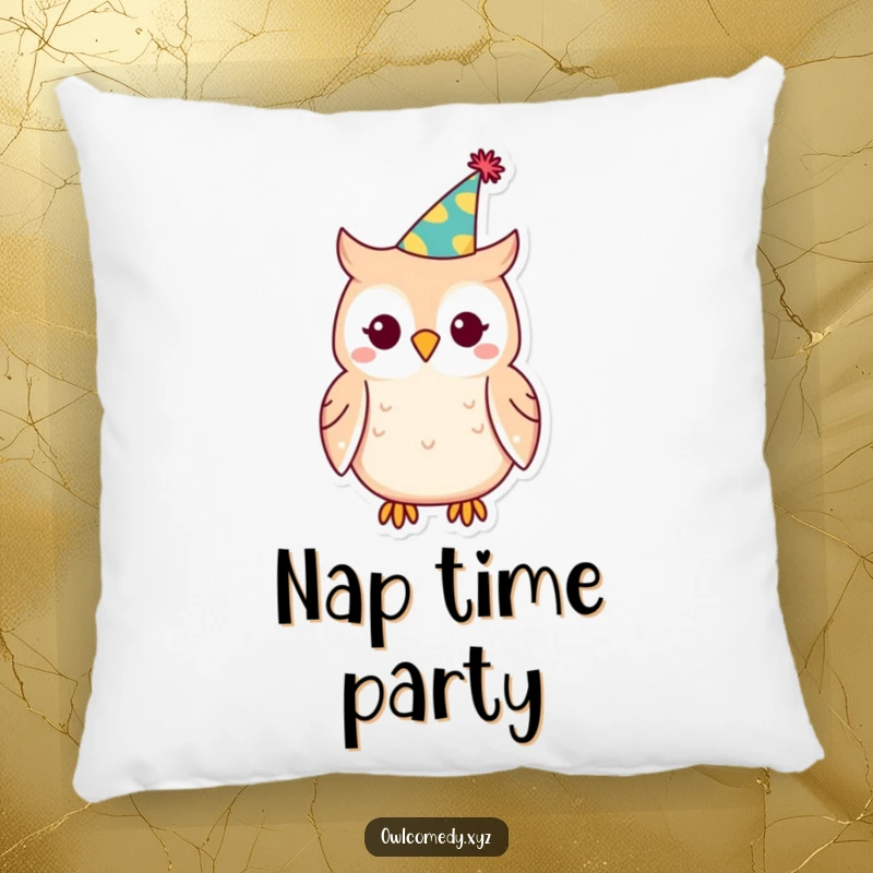 Funny Kawaii owl pillow, owl with party hat, soft cushion, festive decor, comfortable, humorous.