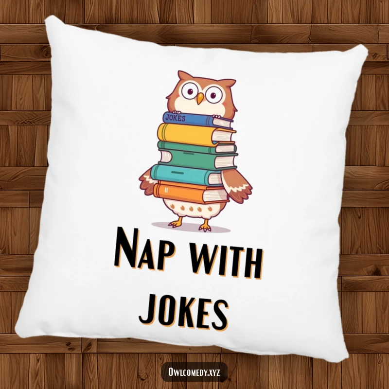 Funny owl balancing joke books on its head on a pillow, conveying the fun of comedy, a cozy accent.