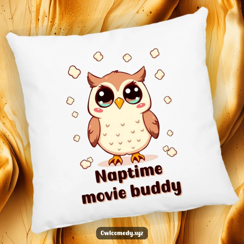 Funny Kawaii owl pillow with wide eyes, tossing popcorn, offering soft and humorous comfort, a perfect gift for movie nights.