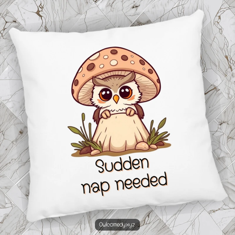 Funny curious kawaii owl peeking from behind a spotted mushroom, looking surprised, pillow, cushion, woodland, cozy decor.