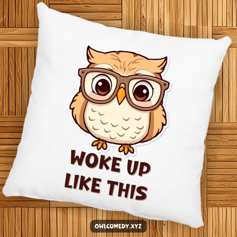 Soft pillow featuring a funny owl with oversized glasses, captured in a moment of surprise and delight. Charming home accent.