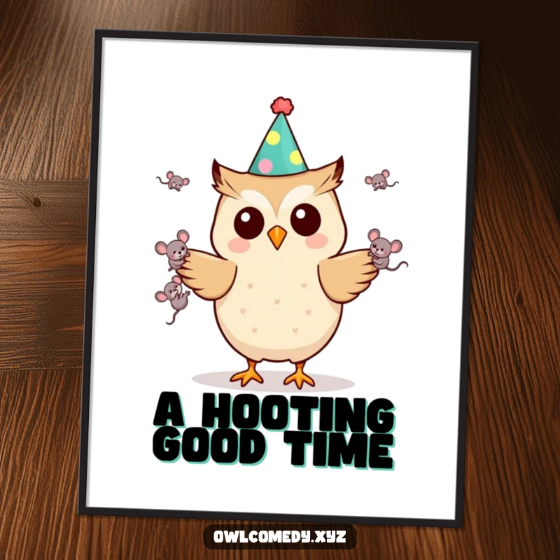 Funny Kawaii owl digital art print with a party hat and juggling mice, a humorous and cute design perfect for festive decor, great gift.