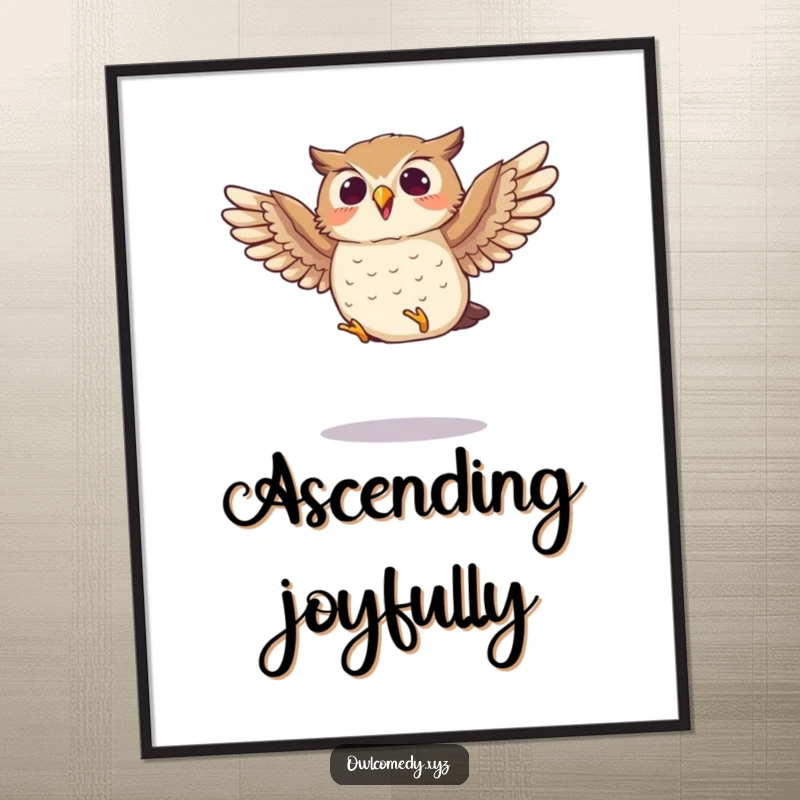 Funny digital art print of a small owl enthusiastically flapping its wings mid-jump, an artistic and humorous piece for any space.