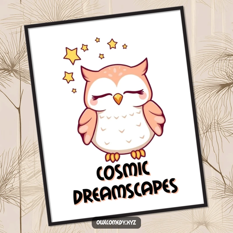 Funny dreaming kawaii owl digital art print, with closed eyes and a swirl of stars above its head, a whimsical and humorous artwork.