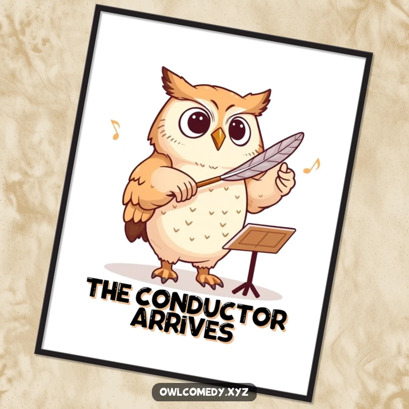 Funny owl conducting an orchestra with a feather baton, digital art print for humorous and artistic appeal.