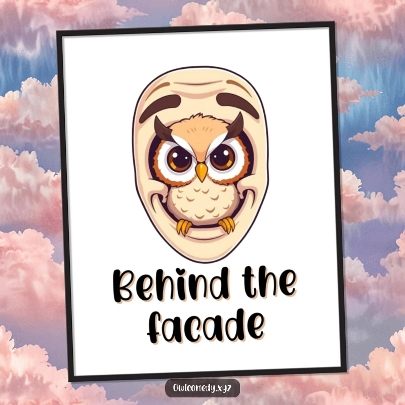 Funny curious owl peeking from a comedy mask, digital art print radiating wit, wisdom, and humor.