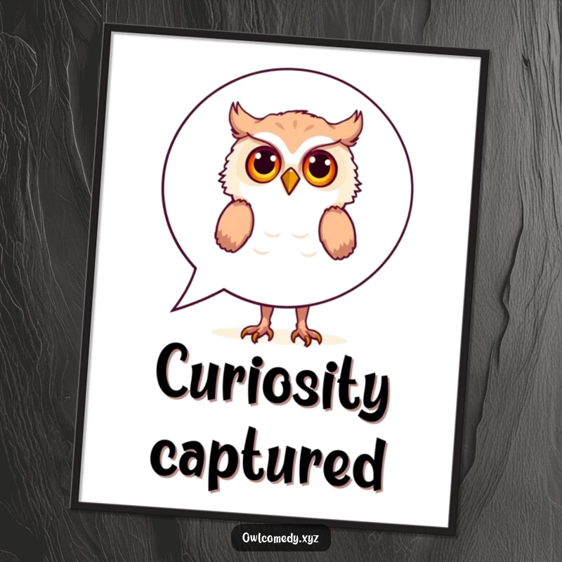 Funny Digital Art Print: A curious owl peeks from behind a speech bubble, capturing a moment of playful intrigue and humor.