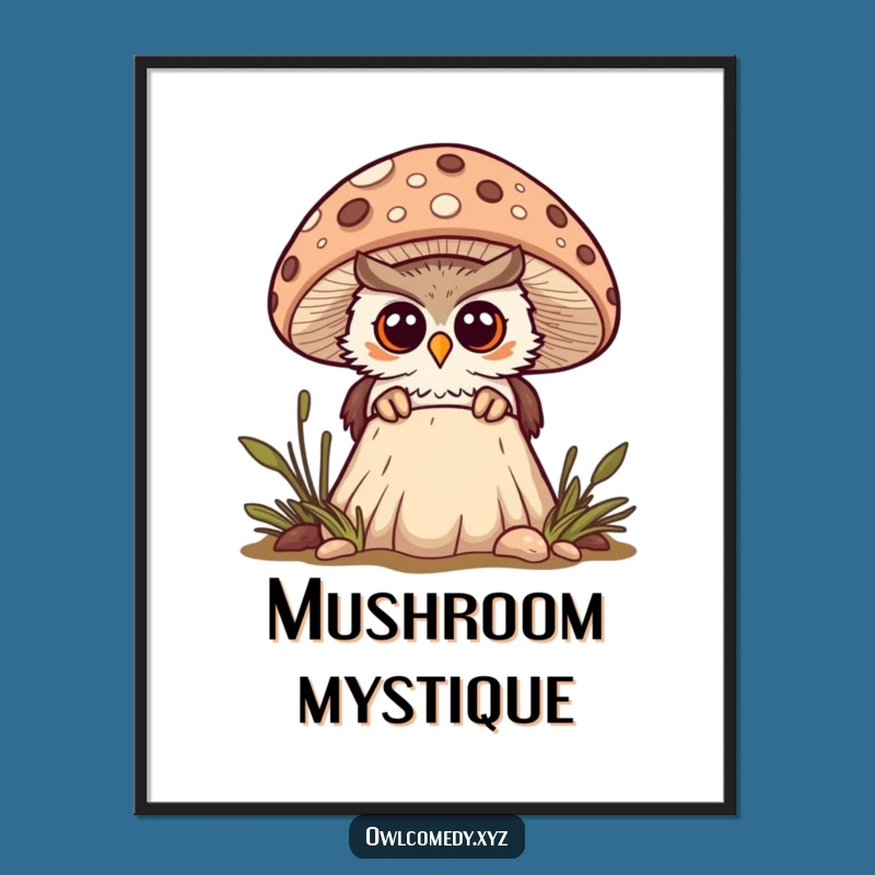 Funny Kawaii Mushroom Owl Digital Art Print - Instant Woodland Decor
