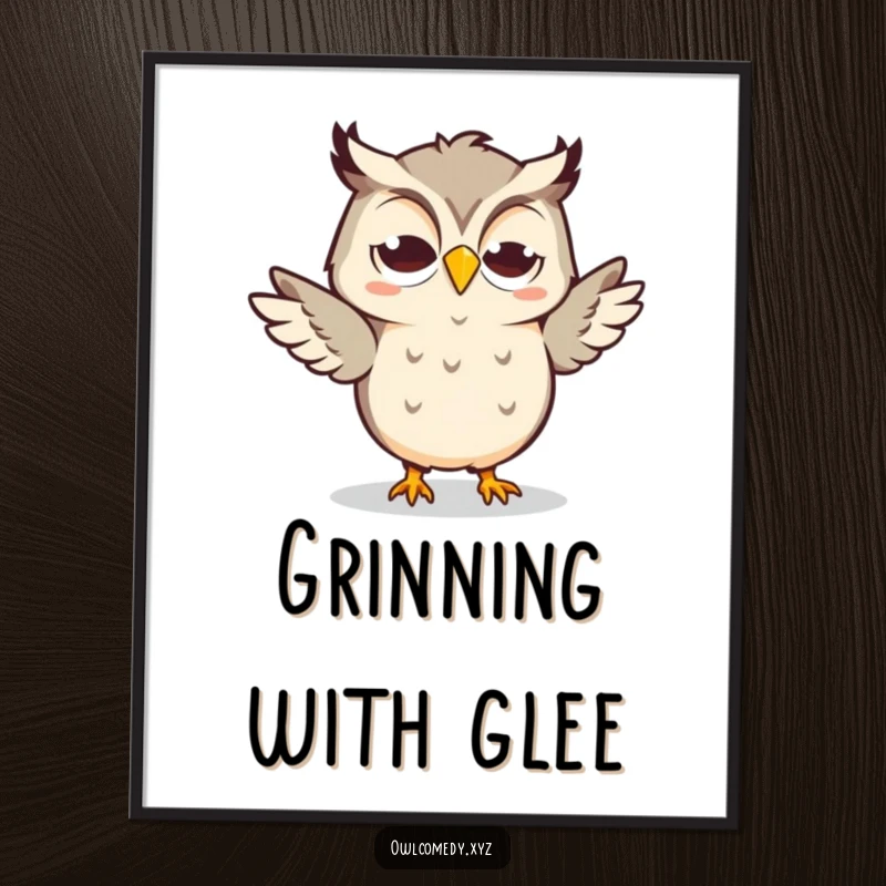 Funny Kawaii Owl Digital Art Print with a goofy grin, doing a silly dance, joyful artwork.
