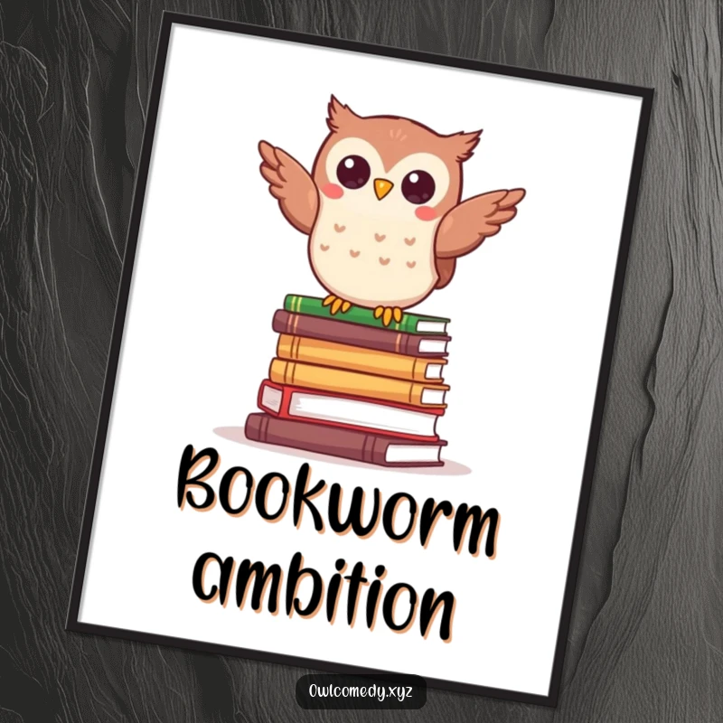Funny kawaii owl balancing comically on a stack of tiny books, as a printable digital art piece.