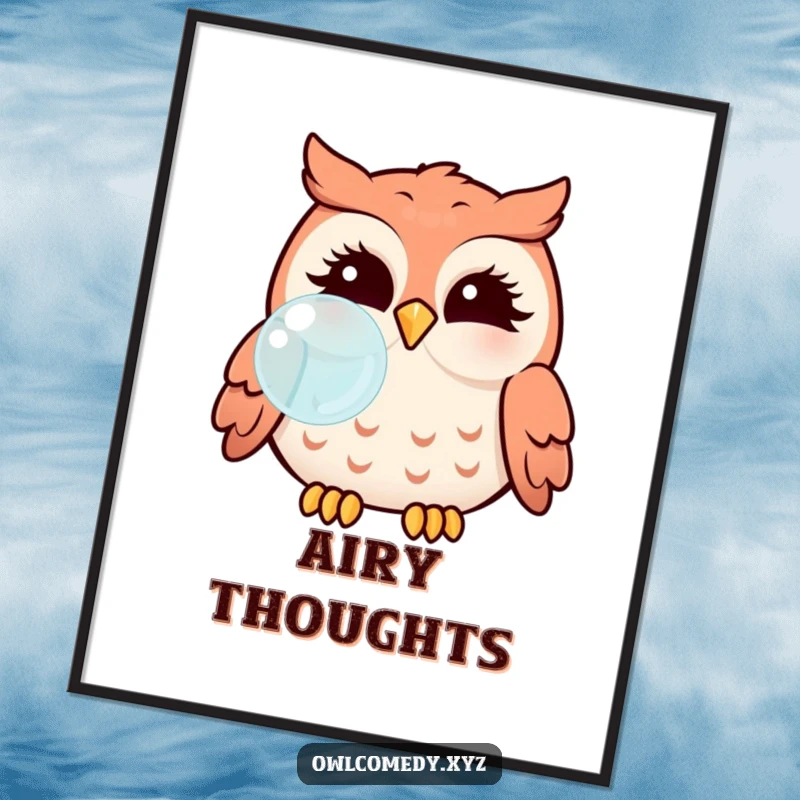 Funny Kawaii owl with puffed cheeks blowing a bubble, available as a downloadable digital art print.