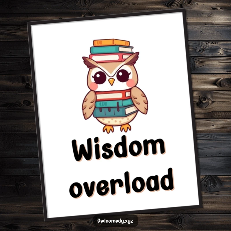 Funny Kawaii owl digital art print of a cute owl balancing a towering stack of books on its head, perfect for instant download.