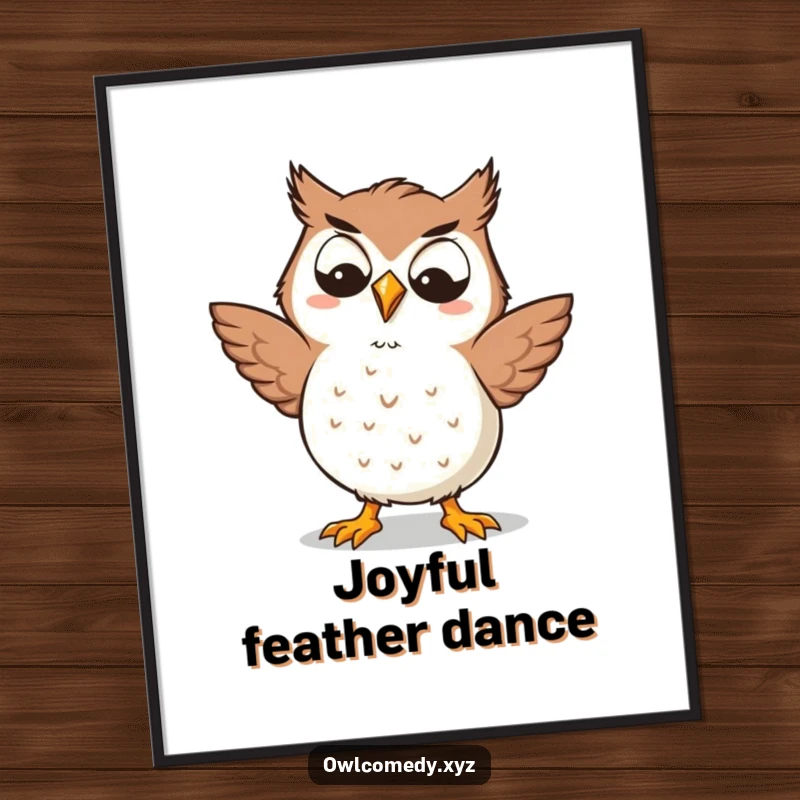 Funny Kawaii owl digital art print with a goofy grin, doing a silly dance, a humorous and cute design perfect for joyful decor, great gift.