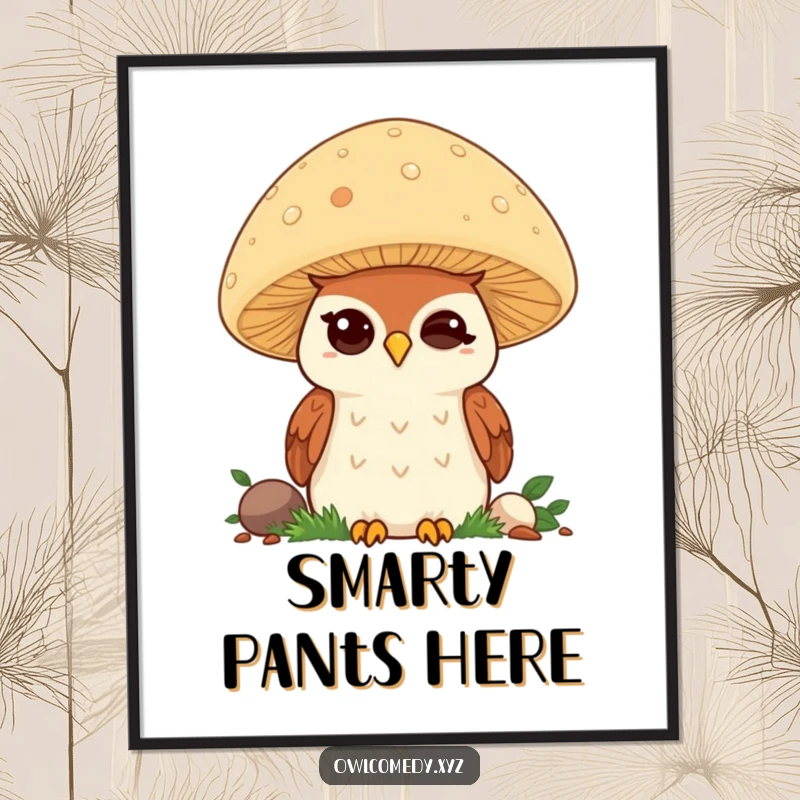 Funny Kawaii Owl Digital Art: Winking owl behind mushroom, cute and whimsical, instant funny gift.