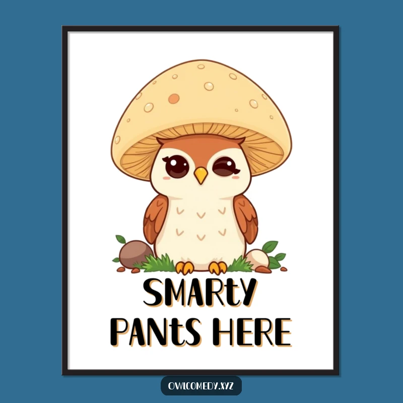 Funny Kawaii Owl Digital Art: Winking Owl Mushroom Print, Instant Funny Gift